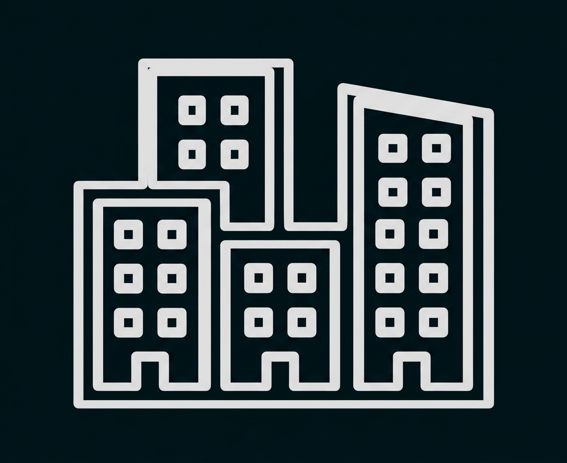 Schwarz-weißes Icon mit stilisierten Hochhäusern